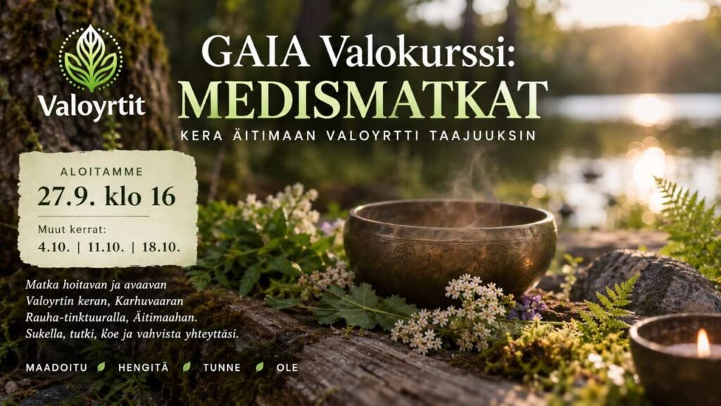 GAIA Valokurssi MEDISMATKAT – Syvällisesti hoitavia meditaatiomatkoja Äitimaan rohtotaajuuksin. Vahvista yhteyttäsi Äitimaahan ja omaan Valoosi.